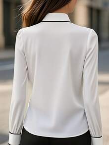 Women's Contrast Trim Knotted Elegant Long Sleeve Blouse, Suitable For Holidays, Office, Daily Wear, All Season - White - View 4