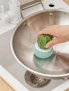 1pc Cactus Shaped Kitchen Cleaning Brush, Creative Potted Plant Scrub Brush With Handle, Nano Cleaning Ball Decontamination Tool, Suitable For Cleaning Dishes, Pots, Bowls, Cups - Multicolor - View 9