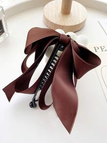 1个女士优雅时尚缎面香蕉夹，多层蝴蝶结和垂直夹子设计，适合马尾辫发型，日常穿搭皆宜，香蕉夹情人节发夹发爪发卡，学生用品，大学校园风，蝴蝶结，可爱，发饰，头饰，发夹 - 咖啡 - 查看 4