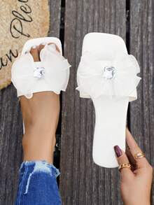 New Women's White Beach Sandals With Bow & Crystal Decor, Comfortable Soft Versatile Flat Shoes, Spring/Summer - White - View 1