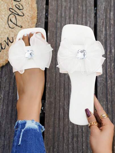 Nuevas sandalias de playa blancas para mujer con lazo y gran decoración de cristal, cómodas, suaves y versátiles sandalias planas, para primavera/verano