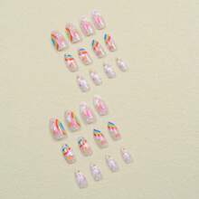 Almond Press On Nails Medium Fake Nails With White Clouds Designs Stick On Nails Color Bubble Fake Nails Full Cover Acrylic Rainbow False Nails Oval Glue On Nails For Women And Girls Date Night 24Pcs - Màu 15 - Xem 3