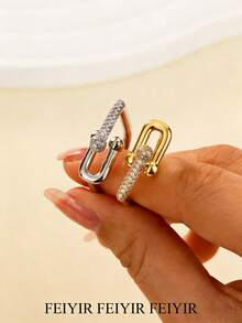 Nhẫn hình móng ngựa sang trọng bằng thép không gỉ, đính đá Cubic Zirconia, màu vàng và bạc, chống phai màu, kiểu dáng hở, dành cho nữ, trang sức cưới, phụ kiện dự tiệc và ngày lễ, quà tặng cho con gái/mẹ/bạn thân. - Nhiều màu - Xem 2