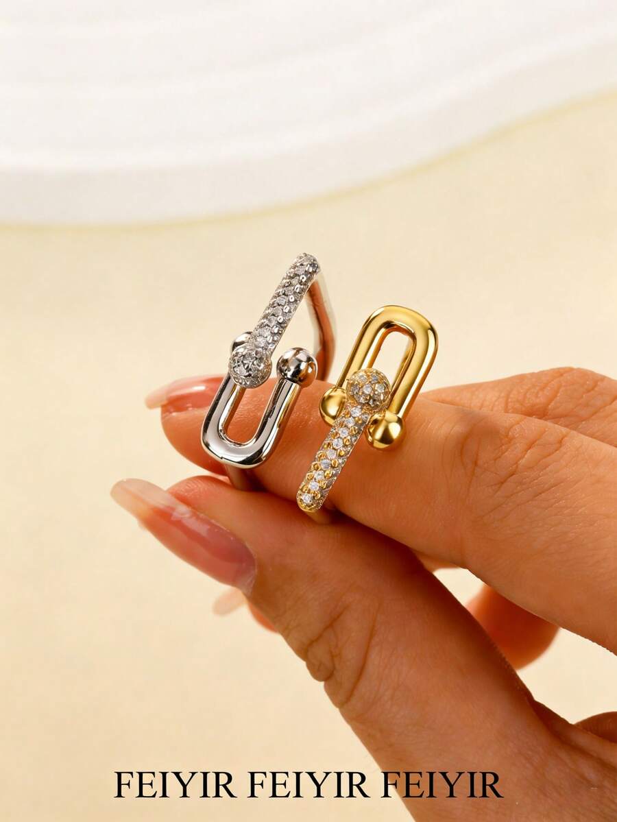 Nhẫn hình móng ngựa sang trọng bằng thép không gỉ, đính đá Cubic Zirconia, màu vàng và bạc, chống phai màu, kiểu dáng hở, dành cho nữ, trang sức cưới, phụ kiện dự tiệc và ngày lễ, quà tặng cho con gái/mẹ/bạn thân.