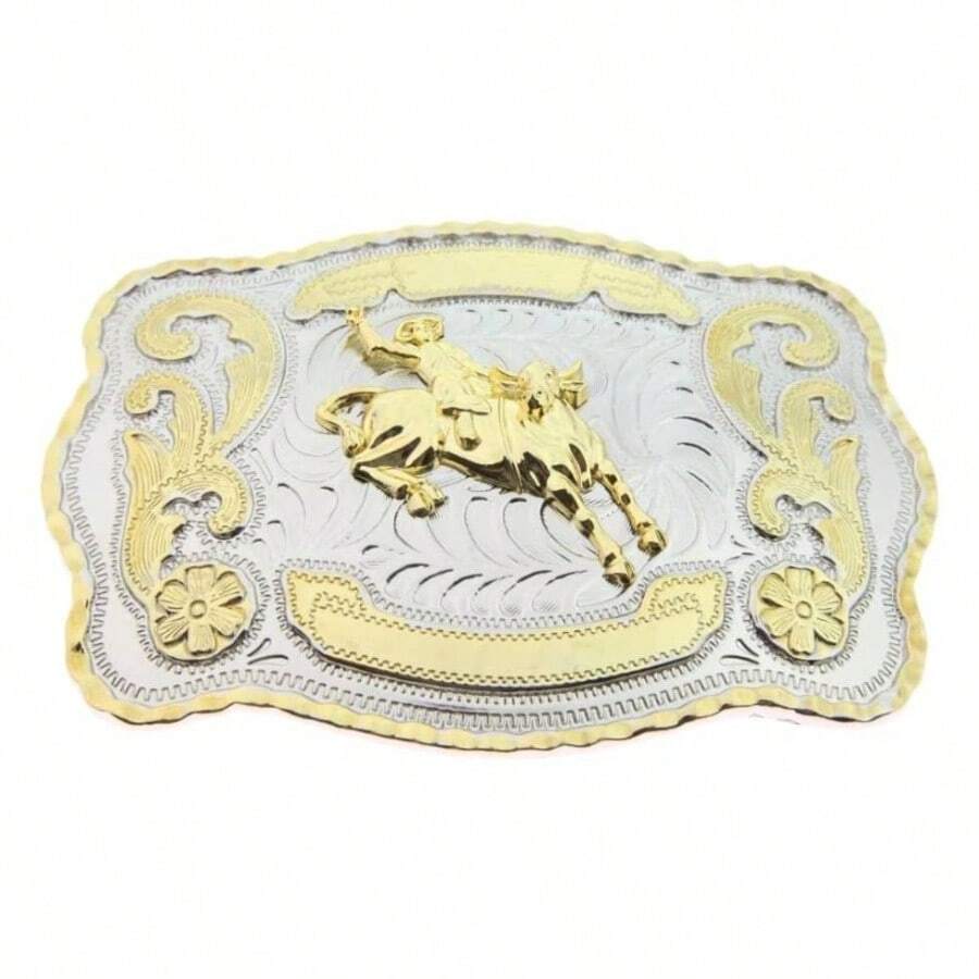 Bull Rider Cowboy Rodeo Western Tono Dorado Cowboy Riding Bull Unisex Hebilla de cinturn de moda, Oro, Medium - inicial - Ver 1