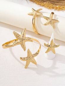 时尚欧美海滩海洋风海星可调节手镯戒指，适合度假休闲佩戴，也是一份贴心的礼物。 - 金黃色 - 查看 5