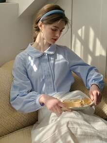 Simple Retro Women's Autumn And Winter Casual Peter Pan Collar Embroidery Pattern Blue Sweet Gentle Temperament Fit Long-Sleeved Shirt - Blue - View 3