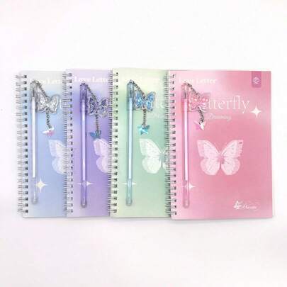 A5 Spiral Notebook + Butterfly Ballpoint Pen, Double Coil Binding - 60 Pages Per Book, Elegant Love Letter & Butterfly Pattern, Grid-Lined Pages, Ideal Gift Choice, Suitable For Girls' Diary, Office Or Study Supplies.