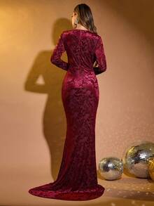 LOVE&LEMONADE Elegant Burgundy Long Sleeve Deep V-Neck Floral Jacquard Ruched Maxi Evening Gown For Party Wedding Spring - Burgundy - View 6