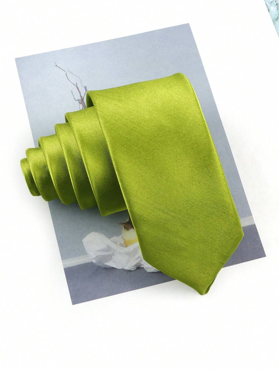 ZONFAZ 1pc Men's Solid Color Smooth Glossy Texture 2 Inch Slim Necktie, Suitable For Weddings, Christmas Celebrations, Thanksgiving, Parties, And Daily Wear,Festival,Graduation Gift - Lime Green - View 1