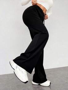 Women's Long Flare Pants Made Of Polyester, Slightly Stretchy, Comfortable And Casual - Black - View 1