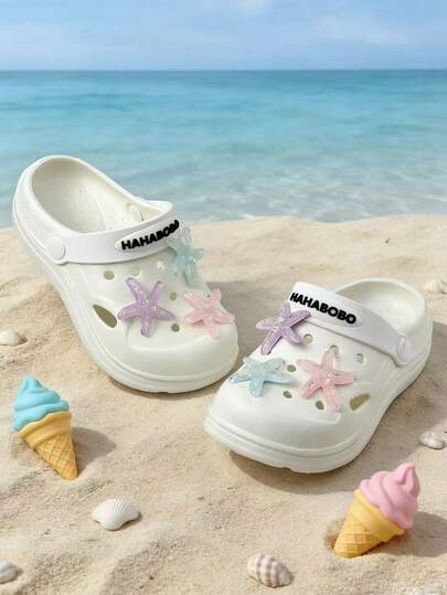 New Girls' 3D Starfish Sandals, White Fashion All-Match Casual EVA Shoes By HAHABOBO, Lightweight Soft Comfortable Slip-Ons For Indoor Shower Home, Outdoor Walking Travel School Beach Seaside, Spring Summer All-Year Wear