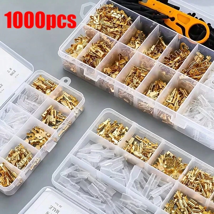 1000 Pieces Insulated Cable Connector Set With Ring, Fork And Spade Terminals, Electrical Crimping Tool Assortment For Automotive, Home And DIY Wiring Projects, Power Tools, DIY Accessories, Terminal Assortment - 金色 - 查看 1
