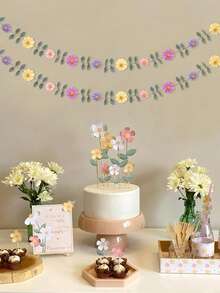 一套雏菊毛毡花环，彩色雏菊毛毡花环，彩色花叶链花环，春季生日婚礼派对装饰，花卉拍照道具，波西米亚风雏菊家居房间悬挂花环，适合生日、婴儿派对、婚礼背景装饰 - 彩色 - 查看 4