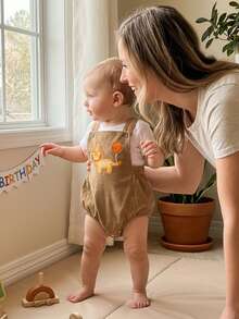 Infants Baby Boy Birthday Romper Sleeveless Square Neck Animal Balloon Embroidery Bodysuit Newborn Overalls - 卡其色 - 查看 2