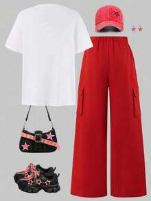 Bộ đồ thường ngày cho bé gái tuổi teen: Áo thun tay ngắn xếp ly in chữ và trái tim, kết hợp với quần cargo ống rộng. - trắng - Xem 2