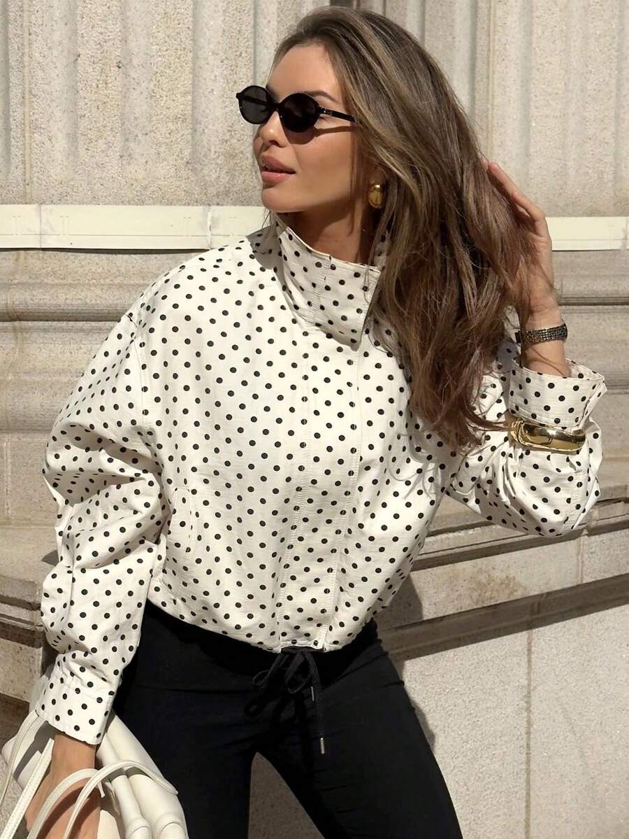 女士秋季拉链短款外套，时尚长袖大衣，短款夹克，秋冬服装，波点外套，高领学院风半季街头风法式大衣 - 黑與白 - 查看 1