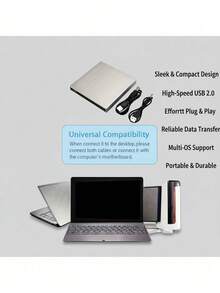 超薄便携式 USB 2.0 外置 DVD 刻录机/读写器 | 即插即用，无需驱动程序 | 适用于笔记本电脑、台式机、平板电脑、智能手机的紧凑型 CD/DVD 光驱 | 外置 CD 光驱，可用于笔记本电脑数据备份、电影播放和游戏 | 时尚黑色光驱，带电源线，兼容 Windows 系统