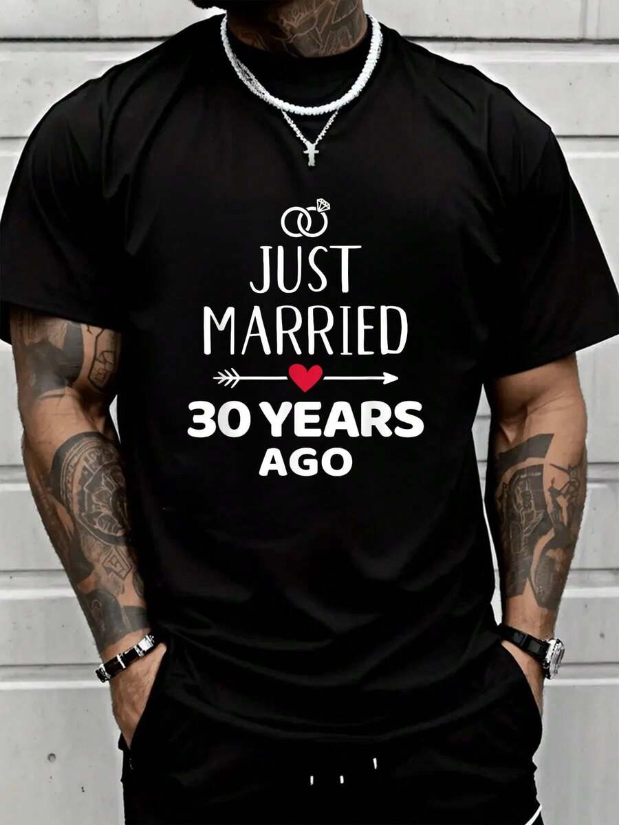 100% Cotton Unisex Just Married 30 Years Ago 30th Wedding Anniversary T-Shirt - 2026 Wedding Season Printed Short-Sleeve T-Shirt Top - Black - View 1