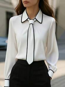 Women's Contrast Trim Knotted Elegant Long Sleeve Blouse, Suitable For Holidays, Office, Daily Wear, All Season - White - View 1