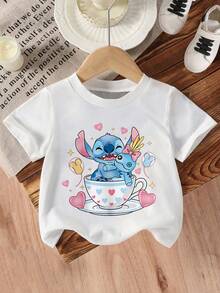 Disney Girls' T-Shirt, Creative Stitch Disney Castle Cartoon Double-Sided Print, Summer Girls' Cotton Crew Neck Short Sleeve, Suitable For Everyday Wear, Holidays, Outdoor Activities, And As A Gift For Children. - 白色 - 查看 4