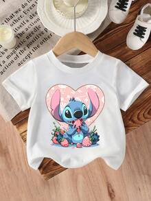 Disney Girls' T-Shirt, Creative Stitch Cartoon Double-Sided Print Design, Summer Girls' Cotton Crew Neck Short Sleeve, Suitable For Everyday Wear, Vacations, Outdoor Activities, And As A Gift For Children. - 白色 - 查看 4