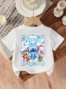 Disney Girls' T-Shirt, Featuring A Creative Stitch Bow Design With Adorable Double-Sided Cartoon Prints. This Summer Cotton Crew-Neck Short-Sleeve Tee Is Perfect For Everyday Wear, Vacations, Outdoor Activities, And As A Gift For Children. - White - View 5