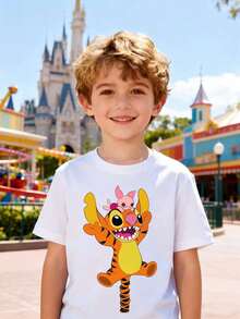 Disney Boys' T-Shirt, Creative Stitch And Tigger Print Design, Summer Cotton Crew Neck Short Sleeve Shirt For Boys, Suitable For Everyday Wear, Vacations, Outdoor Activities, And As A Gift For Children. - 白色 - 查看 1
