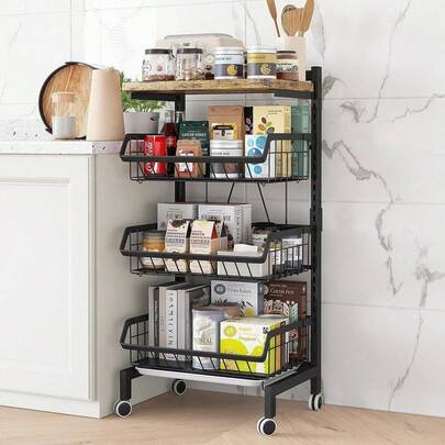 Vegetable Storage Rack Kitchen Trolley On Wheels, 4 Tier Rolling Cart Veg Fruits Organiser, Durable Metal Black 15.4"*12.2"*34.44"