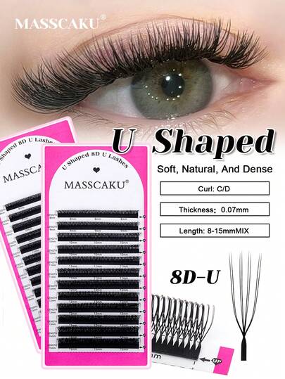  12Lines MASSCAKU U Shaped 8D Eyelash Extensions C D Curl 8-15mm MIX Length U Shaped W Bloom Premade Fans Volume Lashes Natural Mink False Eyelashes