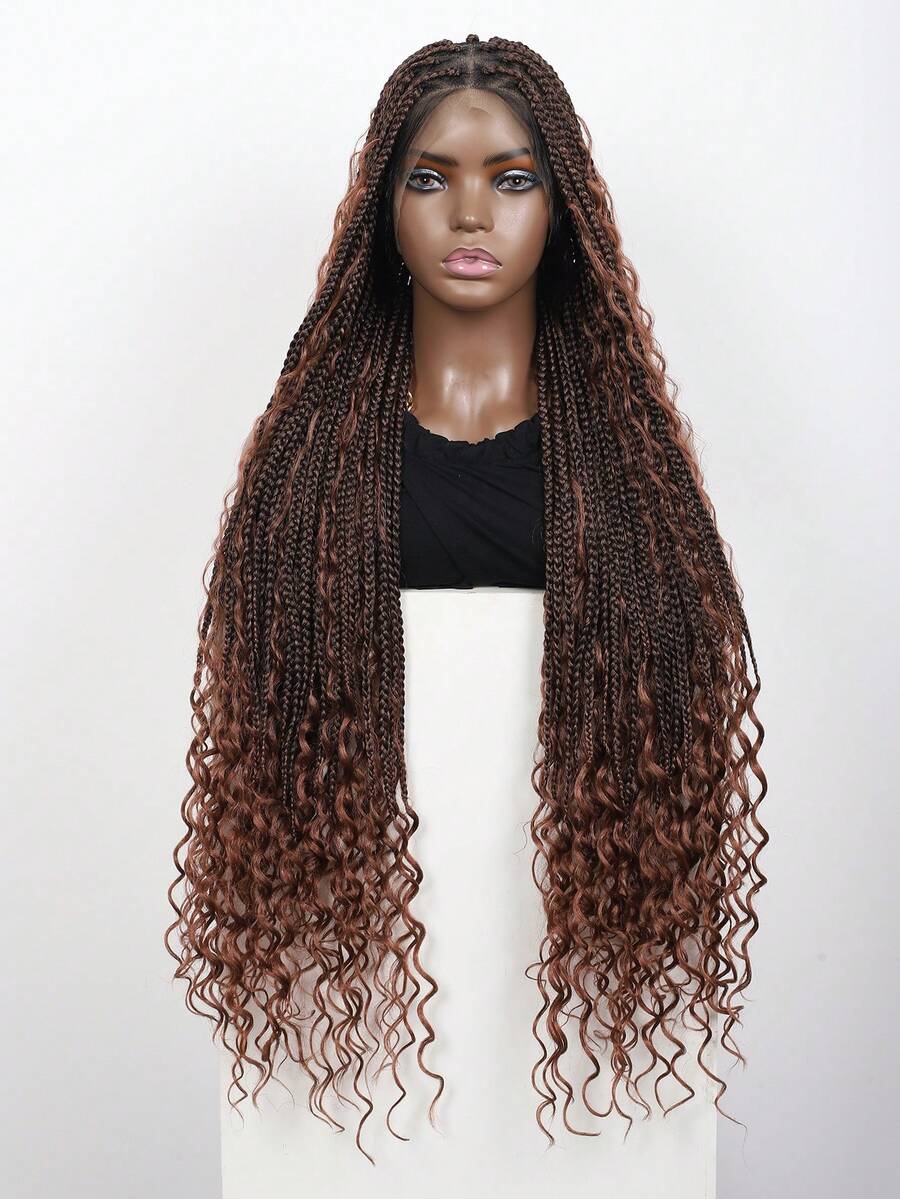 36英寸波西米亚风蕾丝前置盒式辫假发，卷发，合成蕾丝前置盒式辫假发，带婴儿发，波西米亚卷发，适合日常佩戴 - 彩色 - 查看 1