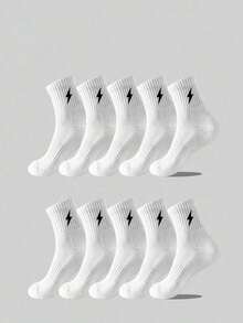 5 Pairs Boys & Teens Lightning Bolt Mid-Calf Socks, Black/White Basketball Sports Mid-Calf Socks, Soft Breathable Socks, Student Socks, Casual Long Socks, Suitable For All Seasons, Daily Wear And Outdoor Sports, Back To School - Multicolor - View 10