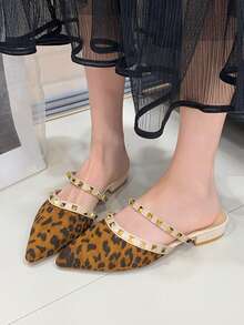 Women's Flat Slip-On Shoes With Studs, Chunky Heel, Closed Toe, Half-Backless, New Style For Outdoor Wear, Pointed Toe, Low Heel, Rhinestone PU Leather Soft Skin Mule Shoes - Camel - View 5