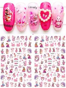 2片装3D卡通复活节兔子美甲贴纸，可爱复活节兔子和花朵自粘美甲贴纸，春季复活节童话美甲设计装饰 - 彩色 - 查看 7