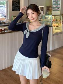 Slim Fit Bowknot Plaid Lace-Up Long Sleeve T-Shirt Undershirt - Navy Blue - View 2