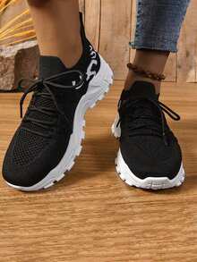 Women's Fashionable Breathable Lightweight Slip-Resistant Mesh Sneakers - White Flat Casual Shoes For Spring/Autumn & Campus - 黑色 - 查看 2