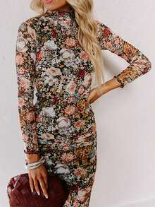 Acelitt Bohemian Style Floral Print Turtleneck Long Sleeve Ruffle Hem Midi Fitted Dress - Multicolor - View 3