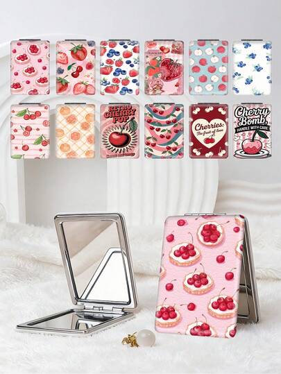 1pc Y2K Style Cute Vanity Mirror, Foldable Lightweight Ultra-Thin Portable Hand Mirror, Durable PU Leather, Multi-Scene Use, Foldable Rectangular Pocket Mirror, Adorable Cartoon Fruit & Heart & Letter Patterns, 180° Double-Sided Flip Design, Convenient Handheld Makeup Mirror