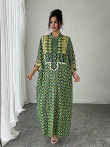 一件女士宽松印花长袍连衣裙，绿色，立领，单排扣，插肩袖，休闲长裙，优雅奢华的度假晚礼服，适合作为送给妈妈、女儿、妻子的春季度假礼物 - 綠色 - 查看 5