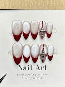 10 unhas postiças artesanais em formato amêndoa, acrílicas, tamanho médio; unhas prateadas delicadas; unhas vermelhas com ponta francesa e efeito olho de gato; unhas com pequenas pedras de strass e diamantes incrustadas em formato de cruz; unhas modernas, elegantes e simples para o outono; unhas postiças para o Dia dos Namorados; perfeitas para festas, encontros, praia e viagens tropicais; unhas postiças para fazer você mesma, ideais para mulheres e meninas como presente. - Vermelho - Ver 11