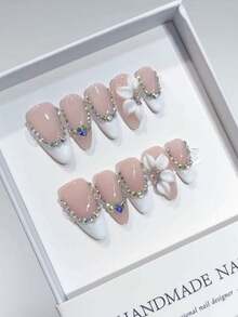 Bộ 10 móng giả cao cấp, kiểu dáng nhẹ nhàng và thanh lịch, được vẽ tay với họa tiết chạm khắc 3D, đính đá lấp lánh, thích hợp cho các buổi tiệc quan trọng, dạ hội sinh nhật, Tết Nguyên đán và Lễ Tình nhân. - Hồng - Xem 3