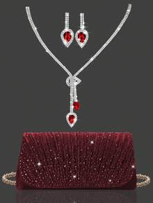 Shiny Rhinestone Flap Evening Bag Party Bag, Elegant And Fashionable Pleated Clutch Prom Bag, With Shiny Rhinestone Jewelry Two Pieces Set, Rhinestone Pendant Necklace, Earrings, Bracelet, Paired With A Luxurious Sequin Evening Gown, Suitable For Parties, Dinners, Gatherings, Dances, Weddings.
