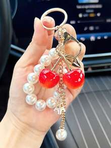 1pc Fashion Cherry Faux Pearl Chain Keychain Pendant, Charming Double Cherry Car Key Chain, Jewelry, Bag Charm, Wristlet Keychain, Car Keychain, Keychain Lanyard, Keychain, Keyring Accessory, Keychain Ring, DIY Accessory Birthday Gift, Wedding Gift, Holiday Gift, Party Favor, Event Souvenir, Friend Gift - Multicolor - View 2
