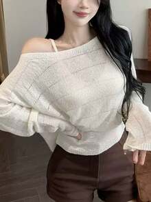 新款不对称露肩针织毛衣女装，性感露肩上衣，华丽两件套，春夏款 - 乳白色 - 查看 6