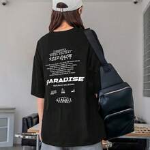 Women's Oversized Printed T-Shirt - Cheerful Paradise Phrase - Loose, Casual, Stylish, Modern, And Cool Blouse - 黑色 - 查看 12