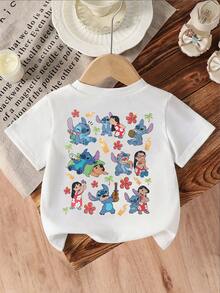 Disney Girls' T-Shirt, Creative Lilo & Stitch Alphabet Cartoon Double-Sided Print, Summer Girls' Cotton Crew Neck Short Sleeve, Perfect For Everyday Wear, Vacations, Outdoor Activities, And As A Gift For Kids. - 白色 - 查看 5