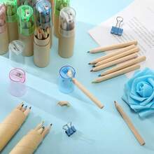 12pcs Creative Mini Bucket Colored Pencils, 4 Different Cap Colors, Built-In Pencil Sharpener On Caps, 12 Different Colored Pencils Per Bucket, Suitable For Student Drawing And Description, Back To School Prize Gift - Round - View 5