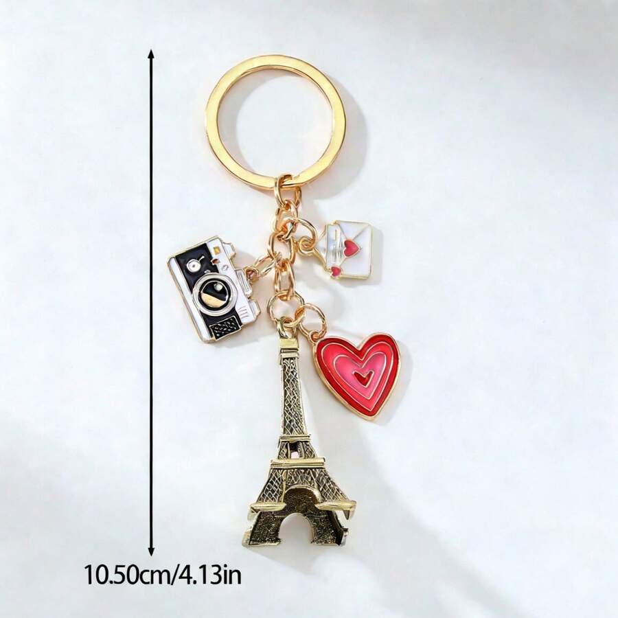 1pc Romantic Eiffel Tower Keychain, Camera & Heart Pendant, Valentine's Day Gift - Multicolor - View 1