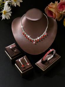 Bộ trang sức cao cấp 4/5 món gồm dây chuyền, bông tai, vòng tay và nhẫn hình học đính pha lê, thanh lịch và thời trang, phù hợp cho đám cưới, tiệc tùng và đi làm hàng ngày. - Màu xanh lam - Xem 7