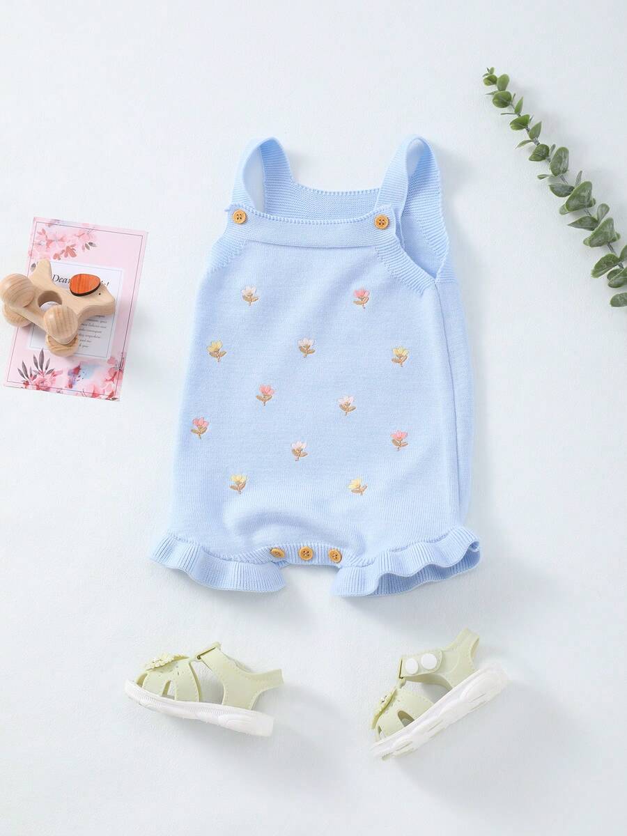 Bộ áo liền quần không tay bằng vải dệt kim mỏng nhẹ, thêu hoa cho bé gái, thích hợp cho mùa hè. - Màu xanh nhạt - Xem 1